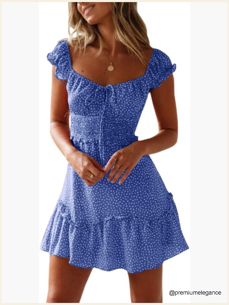 Ruffle Sleeve Sweetheart Neckline Mini Dress Boho A-Line Smocked Waist